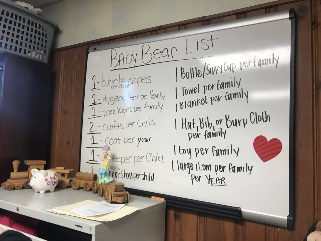 Photo of the white board at Baby Bear, which provides instructions to visitors
